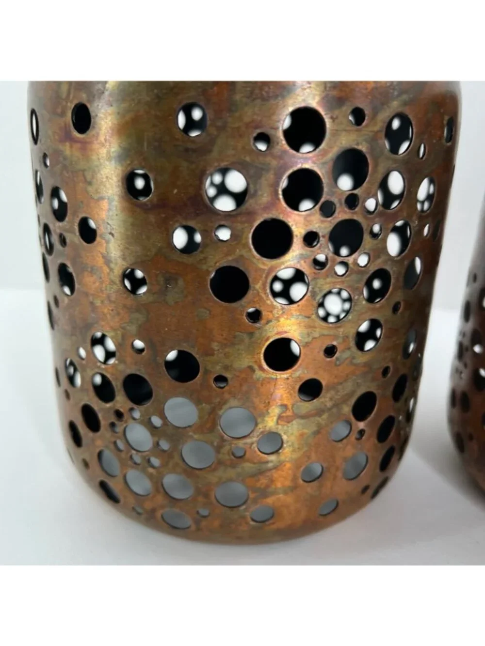 Set of 2 Pierced Copper Metal Candle Holders Votive Lanterns Rustic Decor